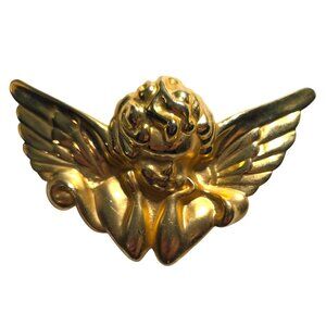 Gold-Tone Angel Wing Cherub Pin Brooch pendant 3" Vintage Style